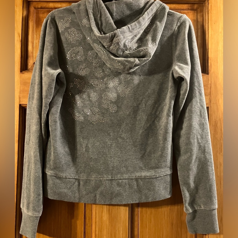 Express Vintage Gray Velour Zip-Up Hoodie w/ gemstone accents Animal Print Y2K